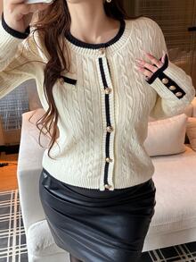 Vibekara Plus Size Vintage Versatile Button Contrast Color Knit Cardigan - Multicolor - View 4