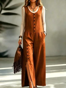 SHEIN Women's Solid Color Button Front Pocket Wide Leg Sleeveless Jumpsuit - Orange - View 5