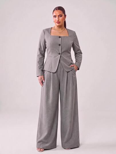 Hourglow Plus Size Waist Defined Blazer Set, Square Neck Tailored Top And Wide Leg Pants