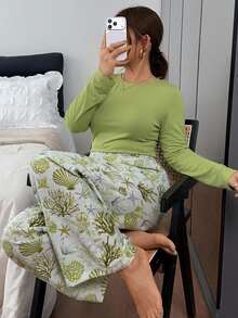 Dazy Plus 2pcs Solid Color Slim Fit Long Sleeve Top & Patterned Long Pants Loungewear Pajama Set, Spring Summer Autumn - Mint Green - View 1