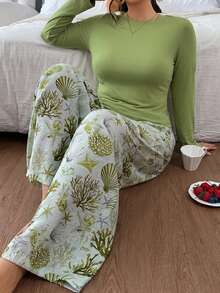 Dazy Plus 2pcs Solid Color Slim Fit Long Sleeve Top & Patterned Long Pants Loungewear Pajama Set, Spring Summer Autumn - Mint Green - View 4