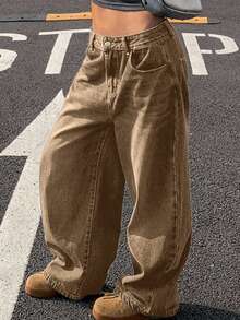 Dazy Plus Vintage Loose Street Style Washed Distressed Brown Straight Leg Jeans, Versatile All Season - Brown - View 1