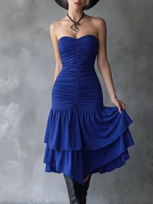 INAWLY Women's Solid Color Pleated Asymmetrical Hem Fashion Strapless Dress - Navy Blue - View 4