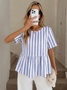 SHEIN LUNE 女款條紋圓領短袖荷葉邊下擺休閒襯衫 - 彩色 - 查看 4