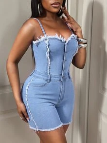 BamGleam Women's Outdoor Fashion Sexy Strapless Frayed Blue Denim Jumpsuit - Light Wash - View 6