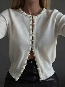 Livesso Women's Winter White Round Neck Button Cable Knit Long Sleeve Slim Fit Ribbed Cardigan - White - View 1