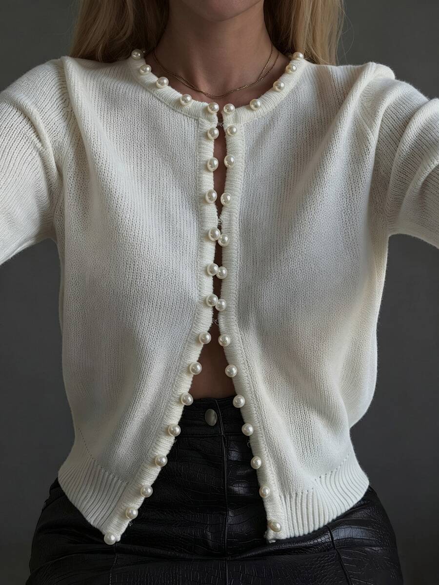 Livesso Women's Winter White Round Neck Button Cable Knit Long Sleeve Slim Fit Ribbed Cardigan - White - View 1