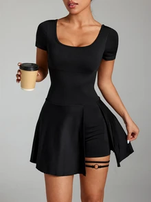 Mistrie Women's Solid Color Square Neck Short Sleeve Daily Fitness Sports Romper - Black - View 5