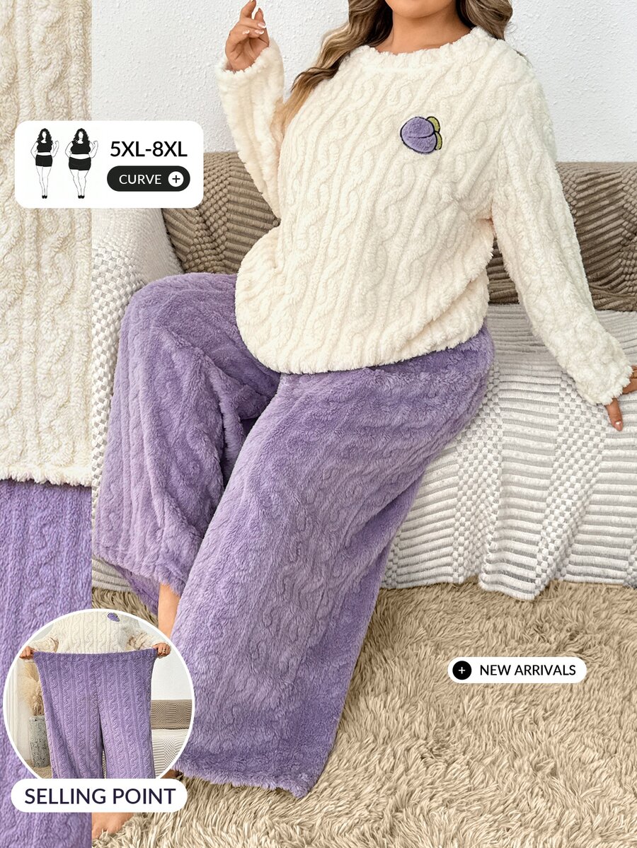 SHEIN CURVE+ Setelan Pakaian Santai Wanita Ukuran Besar yang Nyaman, Atasan Lengan Panjang dan Celana Longgar untuk Musim Gugur/Musim Dingin - Purple - View 1