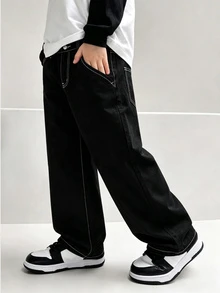 SHEIN Tween Boy New Smoke Gray Vintage Denim Jeans, American Street Style Loose Drape Wide Leg All-Match Versatile Casual Denim Long Pants - Black - View 1