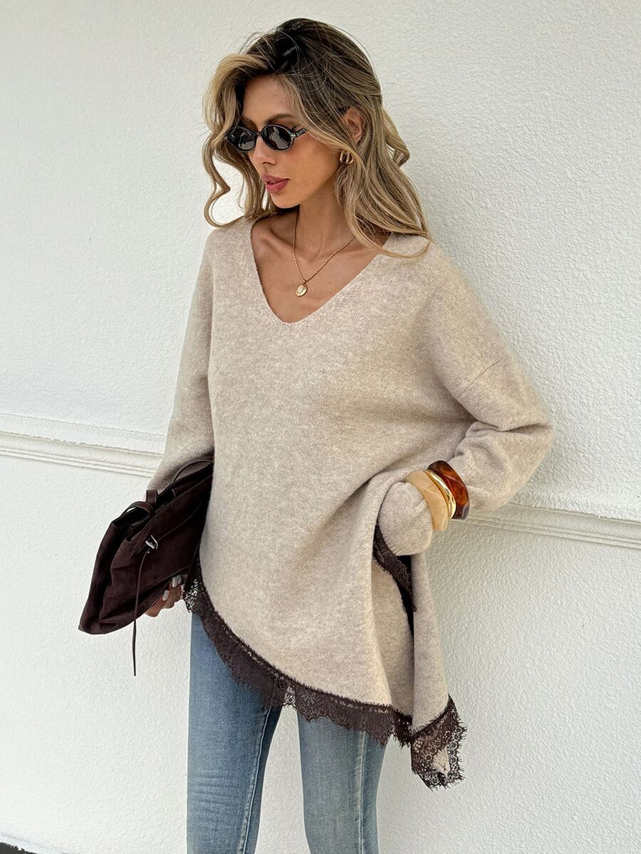 Serisse Women's Casual Lace Trim Asymmetric Hem Sweater, Autumn/Winter Fall Boho Chic Dark Academia Oversized Dark Brown Brunch - Apricot - View 1