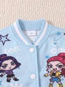 SHEIN Elladie kids 女童春秋粉色與白色拼接棒球夾克，卡通女孩星星與字母印花，羅紋立領，單排扣，短版，長袖，學院風，適合上學、外出、休閒穿著 - 彩色 - 查看 4
