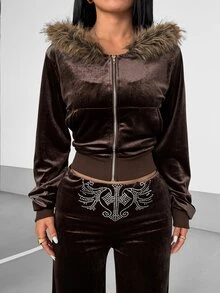 Jeanoix Women's Plush Zip-Up Hooded Jacket And Rhinestone Long Pants 2 Pieces Set - Coffee Brown - View 3