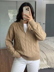 Dazy Plus Pattern Embroidered Cable Knit High Neck Long Sleeve Loose Zipper Casual Old Money Vacation Spring Autumn Pullover Sweater - Khaki - View 3