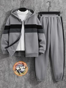 SHEIN 兒童青少年男孩條紋拉鍊連帽外套與運動長褲休閒套裝 - 彩色 - 查看 5
