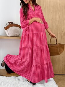 SHEIN Maternity Plaid V-Neck Notch Collar Flare Sleeve Ruffle Hem Casual Dress - Pink - View 3