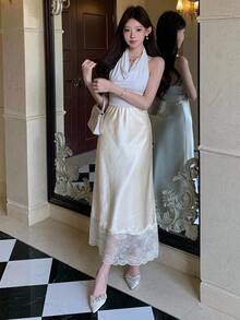 DAZY 春夏女款優雅純色鬆緊腰裙 - 杏色 - 查看 4