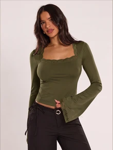SHEIN BAE 女款素色對比蕾絲方領長袖修身T恤 - 軍綠色 - 查看 7