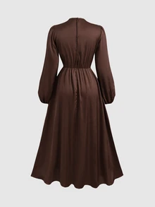 SHEIN 青少年女孩純色百褶休閒日常夏季度假洋裝 - 棕色 - 查看 3