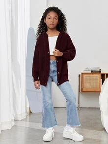 SHEIN Tween Girl Girls' Long Sleeve Hooded Casual Loose Knit Cardigan - Burgundy - View 3