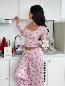 ZzzCrew Pink Women's Ribbed Knit Cartoon Cookie Man Christmas Print Large Scoop Neck Pajama Set - Pink - View 6