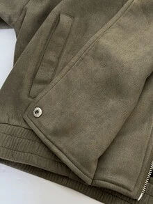 Rustia Plus Size Suede Zipper Motorcycle Style Jacket, Autumn/Winter Fall - Army Green - View 8