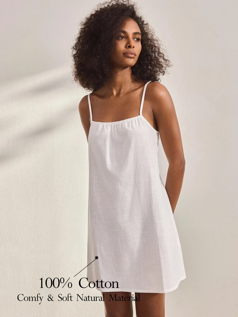 Ocili White Pure Cotton Short Slip Dress, Simple Comfortable Spaghetti Strap Women's Loungewear Dress - White - View 1