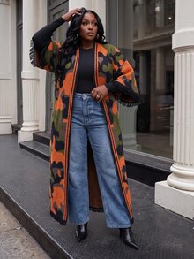 Slaydiva Plus Size Women's Knit Kimono, Camo Color Block Fringe Trim Long Plus Size Knit Wrap Coat Fall - Multicolor - View 9
