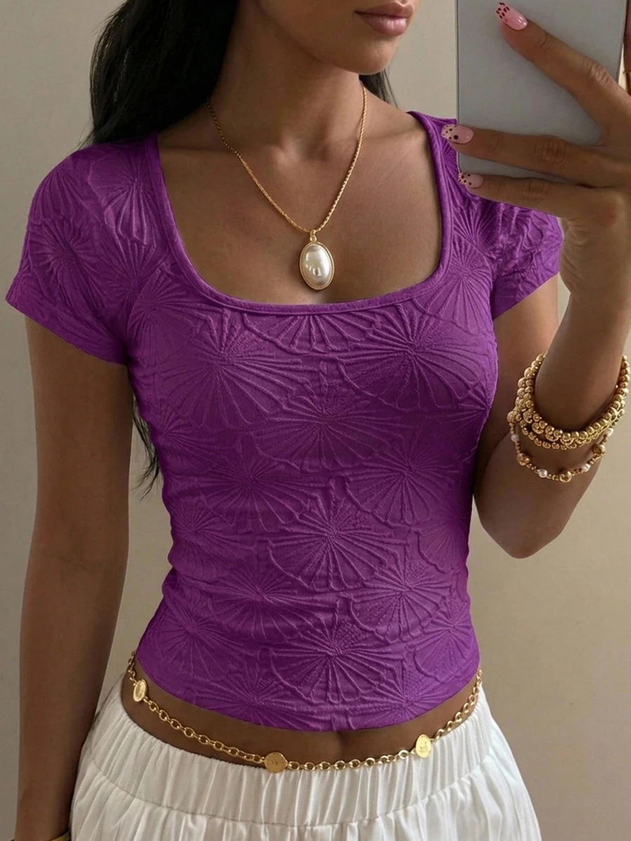 DAZY Women's Solid Color Textured Square Neck Short Sleeve Slim Fit T-Shirt - Violet Purple - View 1