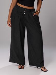 Rustia Fashionable Low-Waist Striped Loose Straight Leg Pants Plus Size Women's Fall - Black - View 5