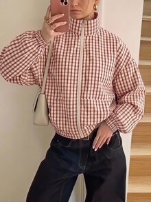 SHEIN EZwear 格紋編織女款休閒夾克 - 紅色 - 查看 11