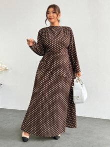 Firerie 棕色波點兩件式套裝（大尺碼）：簡約優雅時尚長袖襯衫與喇叭裙，女性優雅辦公商務工作套裝 - 棕色 - 查看 4