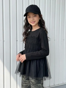 Dazy Kids Tween Girl Solid Color Pleated Casual Versatile Daily Wear Top - Black - View 8