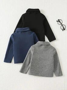 Cozy Pixies 3件組男嬰兒童休閒日常舒適拼接圓領套頭長袖針織上衣，3色各1件 - 藍色 - 查看 2