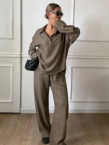 Livesso Women's Minimalist Versatile Long Sleeve Top And Pants 2 Pieces Set Fall - Olive Green - View 4