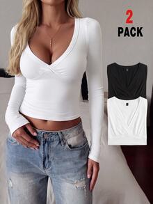 SHEIN EZwear Casual Sexy Minimalist Fall New 2 Pieces Set Women's V-Neck Long Sleeve Versatile Outfit, Best Friend Vintage Street Style, Night Out White Black - Multicolor - View 1