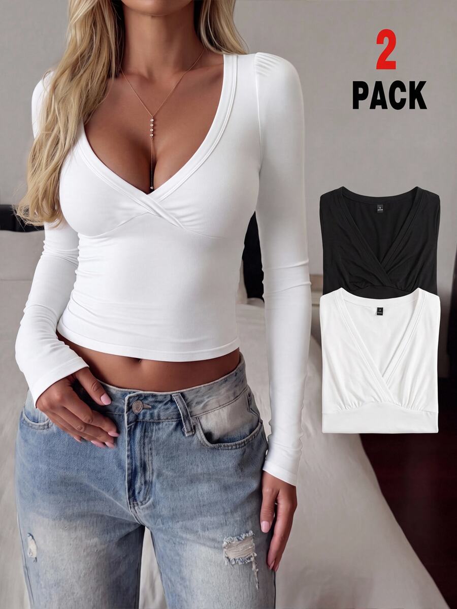 SHEIN EZwear Casual Sexy Minimalist Fall New 2 Pieces Set Women's V-Neck Long Sleeve Versatile Outfit, Best Friend Vintage Street Style, Night Out White Black - Multicolor - View 1