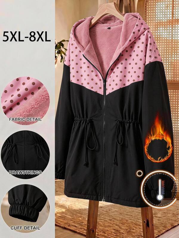 SHEIN CURVE+ جاكيت مقاس كبير بغطاء رأس مبطن حراريًا بخصر مشدود بقصة A-Line باللونين الأسود والوردي بنقاط بولكا وكتل لونية، وردي مبطن حراريًا مقاوم للرياح، خصر مشدود قابل للتعديل، مناسب للخريف/الشتاء