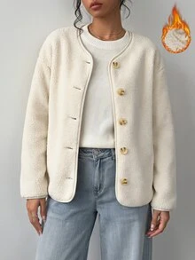 SHEIN BASICS Women's Solid Color Long Sleeve Single-Breasted Casual Regular Fit Jacket Travel Everyday Off-White Autumn Office Everyday Going Out - Apricot - View 2