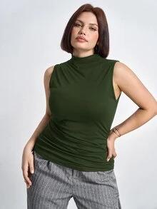 Chikora 大尺碼抓皺修身立領背心上衣，演唱會女裝穿搭，商務休閒女裝 - 墨綠色 - 查看 3