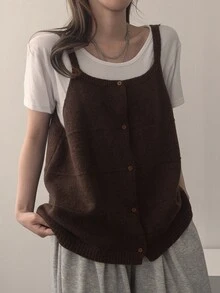 DAZY Women's Front Button Camisole Knit Top - Brown - View 5