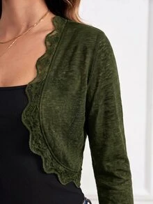 SHEIN Clasi 女款素色花卉蕾絲3/4袖開襟優雅輕便休閒夾克外套 - 軍綠色 - 查看 8