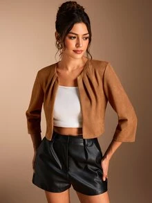 SHEIN BASICS 女款素色長袖百褶開襟休閒夾克 - 棕色 - 查看 5