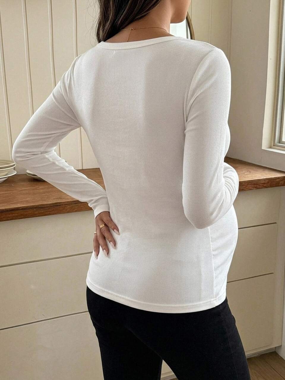 Solid Color Fitted Ribbed Elastic Crew Neck Long Sleeve Casual Daily Home Wear Spring Autumn Maternity T-Shirt