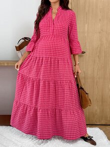 SHEIN Maternity Plaid V-Neck Notch Collar Flare Sleeve Ruffle Hem Casual Dress - Pink - View 4