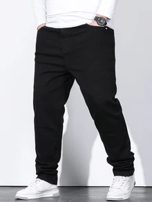 Manfinity Homme Men's Pure Black Straight Leg Jeans, Plus Size Casual Basic Denim Pants - Black - View 5