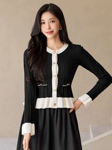 DAZY Cardigan Patchwork Blok Warna Prancis Elegan untuk Wanita, Cocok untuk Kantor di Musim Gugur, Warna Hitam dan Putih - Hitam - View 6