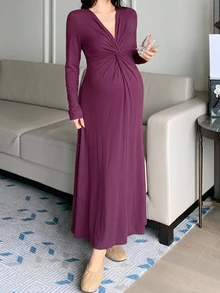 DAZY Solid Color Fitted Waist Twist Deep V Long Sleeve Elegant Vacation Spring Autumn Maternity Dress - Burgundy - View 4