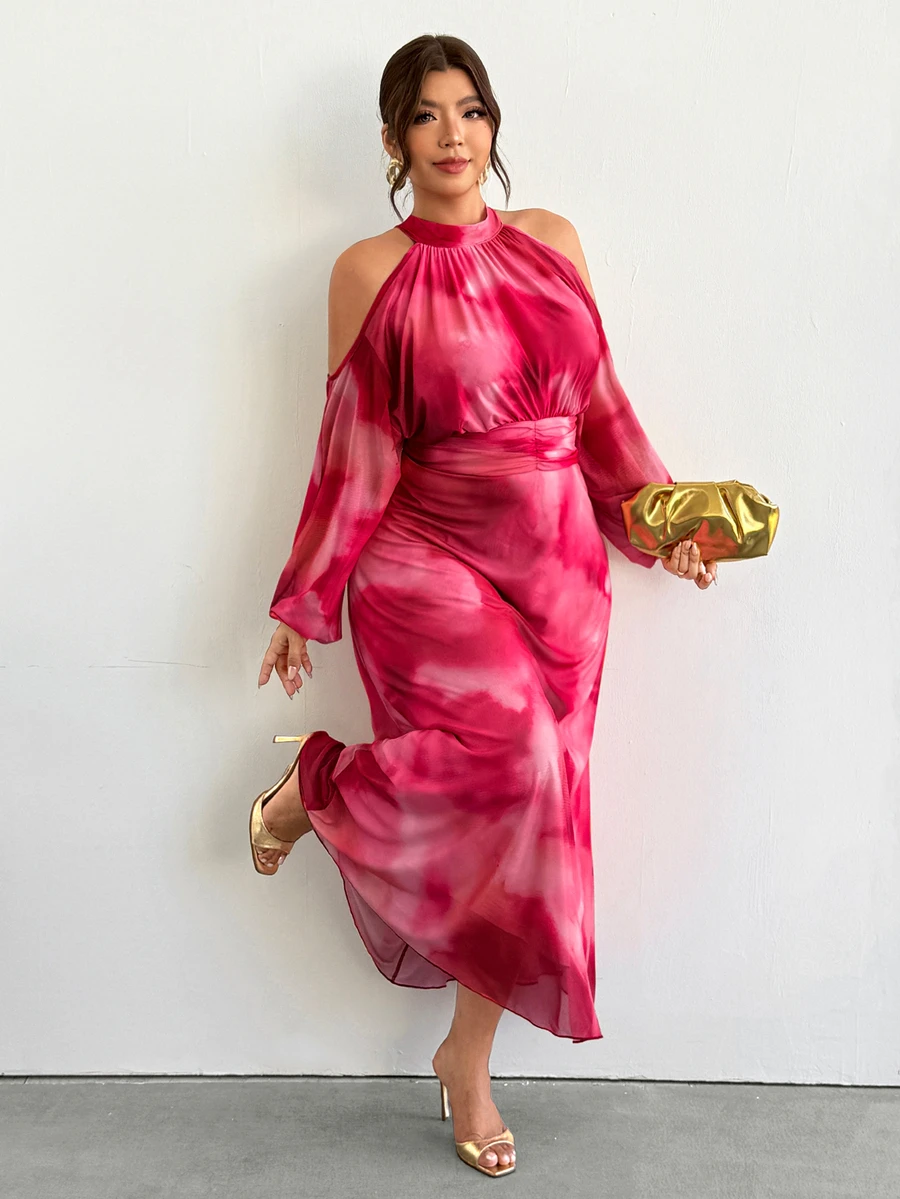 Firerie Pink Long-Sleeve Halter-Neck Maxi Dress With Floral Print, Cinched Waist, And Ruched Detailing / Double-Layer High-Stretch Dress - Pink - View 1