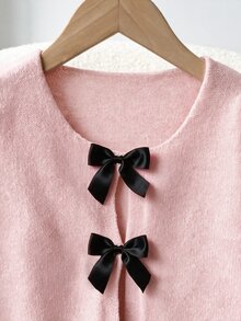 SHEIN Tween女孩寬鬆休閒簡約舒適圓領長袖綁帶蝴蝶結波點開襟衫 秋冬返校季 - 粉色 - 查看 5